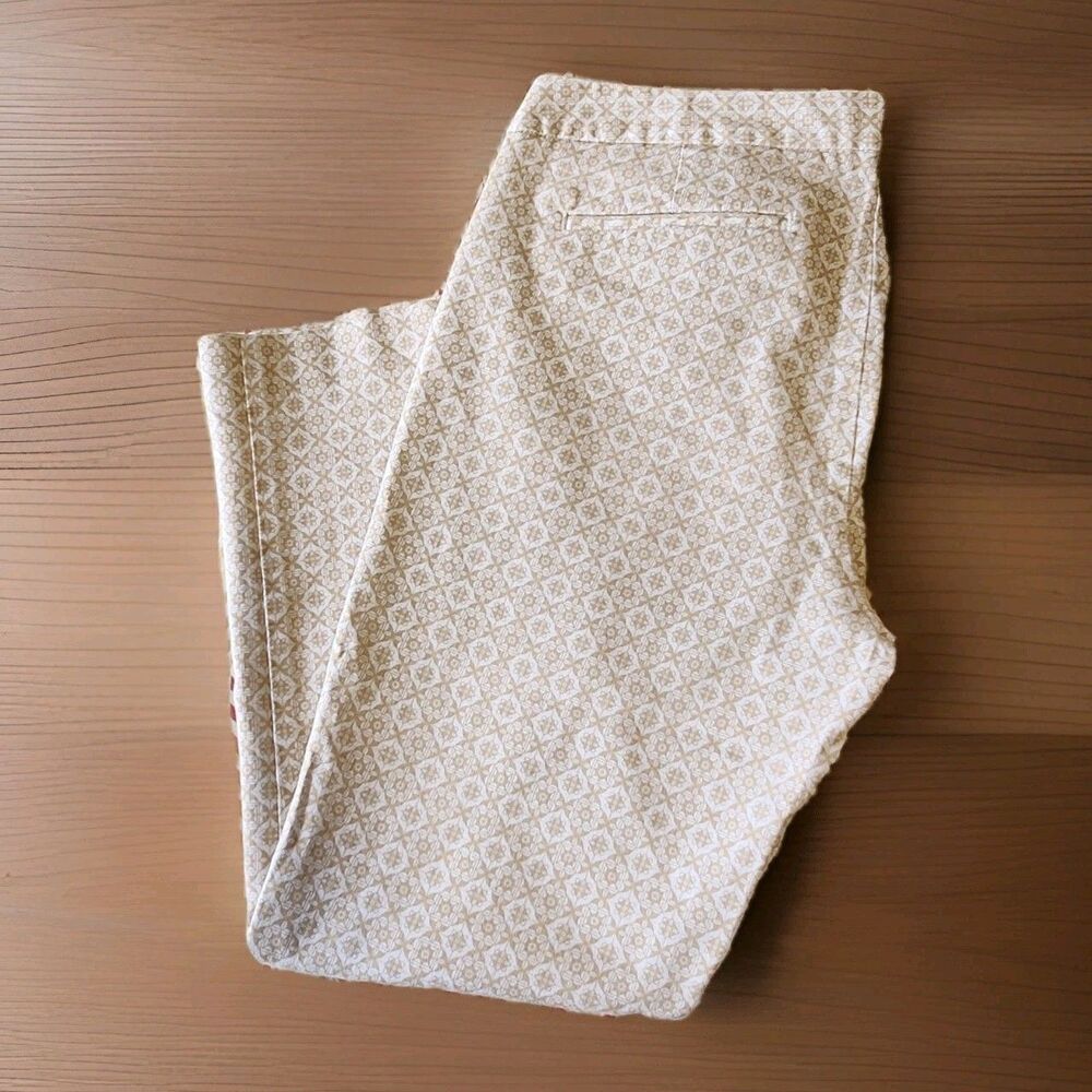 J Crew City Fit Sz 8 Stretch Cropped Pants Beige Geometric Print Straight Leg